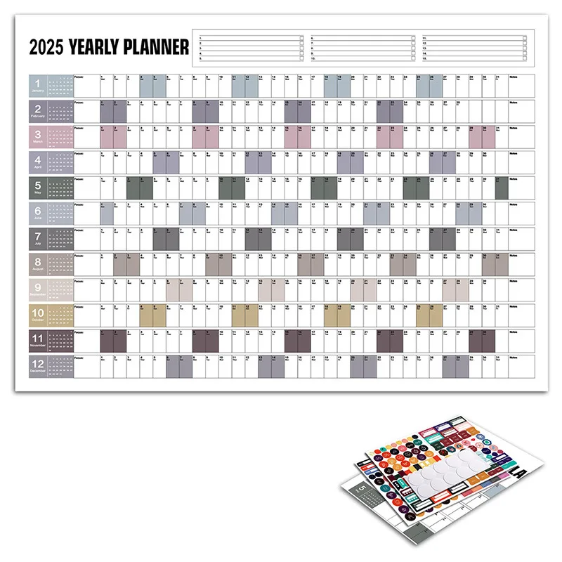 New 2025 English Wall Calendar Single Sheet Annual Wall Hanging Calendar Blank Gird Memo Daily Planner Simple Room Decoration