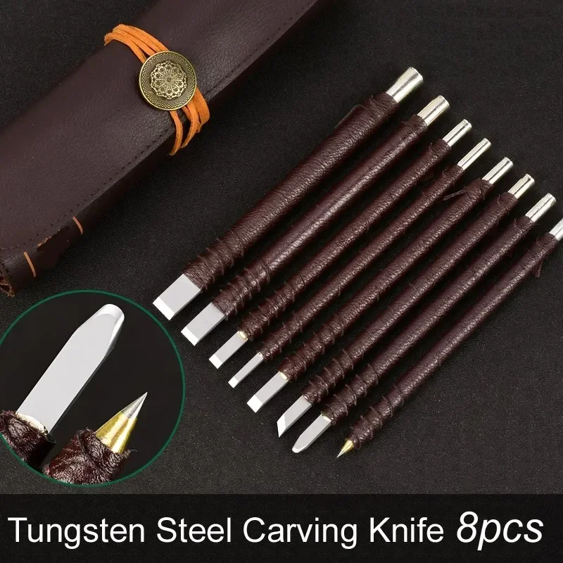 8pcs Tungsten Steel Carving Knife Set Seal Stone Graver Lettering Engraving Tool with Leather Handle+ Leather Bag