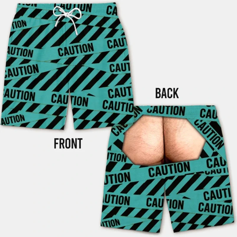 3D Printed Caution Beach Shorts Men Funny Novelty Tape Cool Loose Fashion Casual Hawaiian Quick Dry Summer Vacation Warning