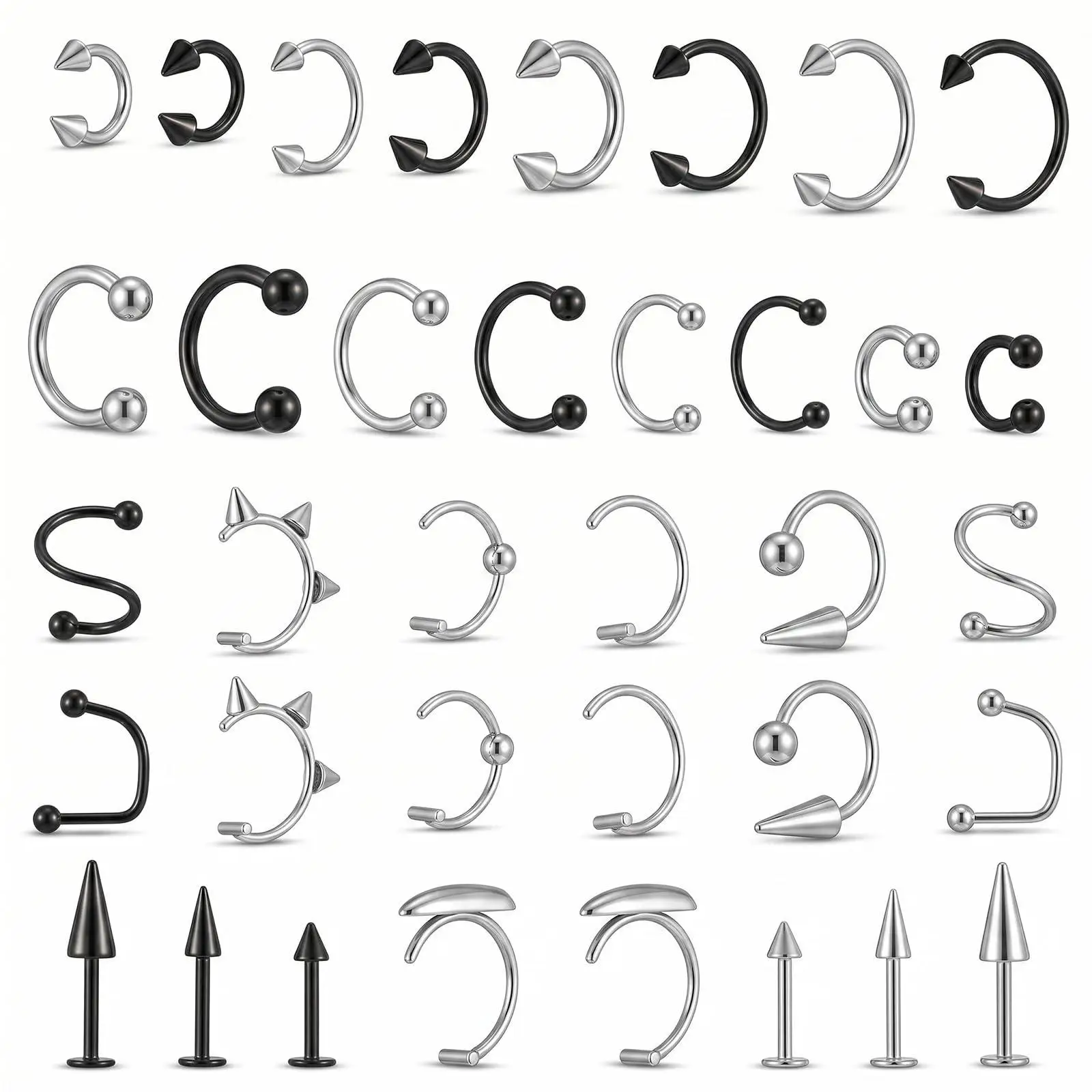 36pcs Stainless Steel Lip Rings Snake Bite Barbell Spike Ball Labret Stud CZ Horseshoe Nose Ring Stud Hoop Piercing Jewelry