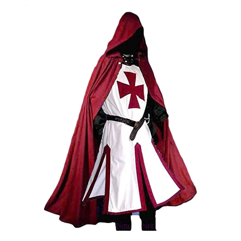 Hommes médiévaux croisés chevaliers templiers tunique Costumes Renaissance Halloween surcoat guerrier noir peste cape Cosplay haut S-3XL
