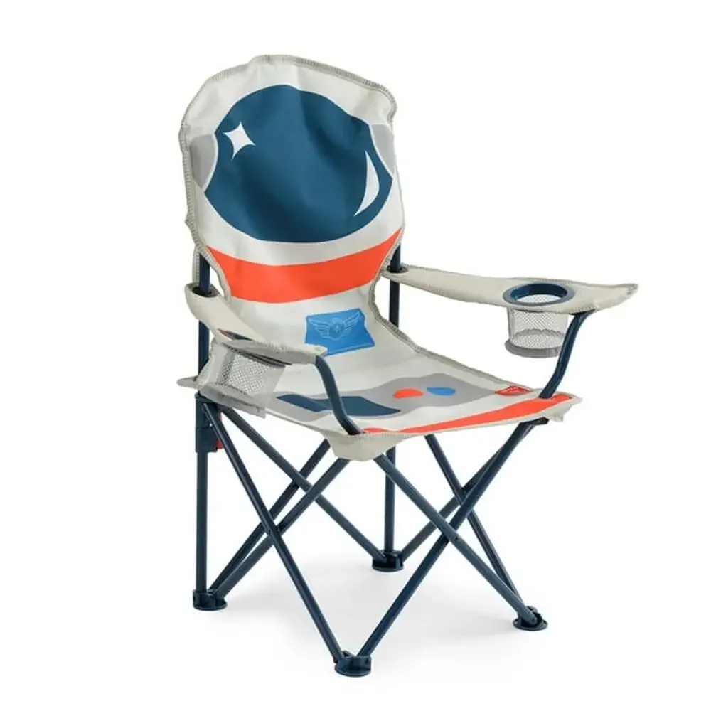 Astronaut Kid Camping Chair Portable Blue Steel Frame Carry Bag Cupholders 120lb Rated Nylon Material Outdoor Use Kids Snacks