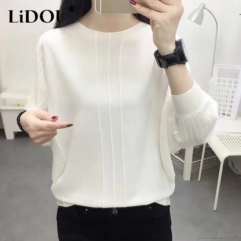 Autumn Winter Elegant Fashion Solid Simple Sweater Ladies Batwing Sleeve Loose Casual Wild Knitting Pullover Top Women Jumper