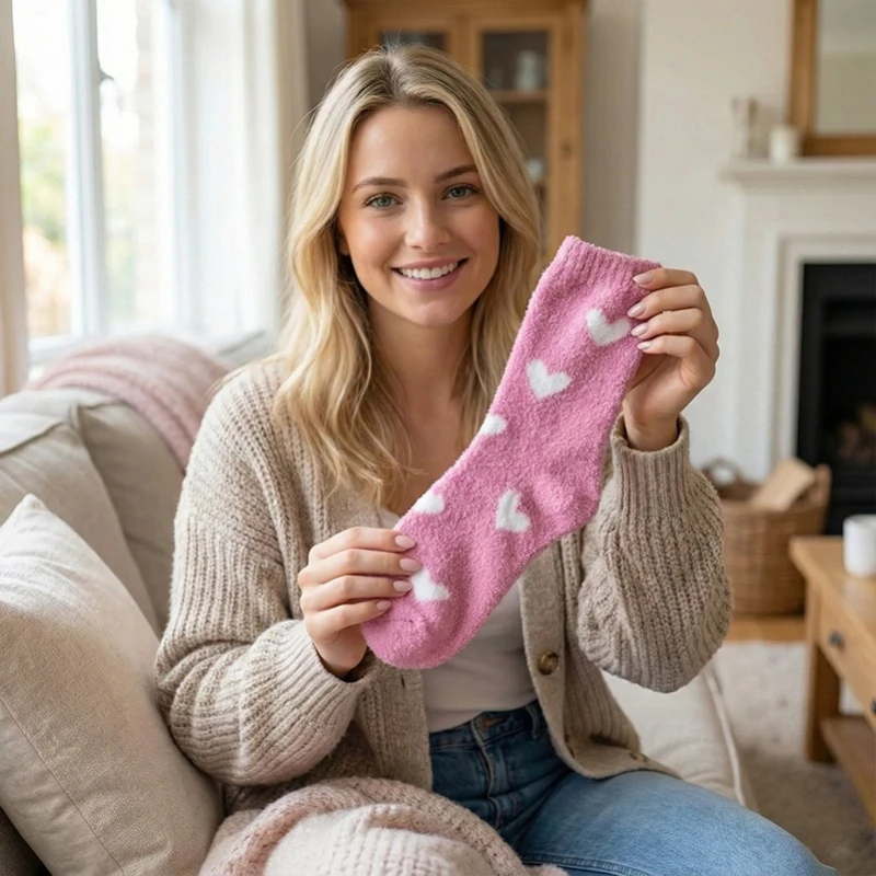

Womens Winter Warm Socks Plush Fleece Lined Heart Design Comfortable Cushioned Non Slip Grip for Cold Weather Daily Wear