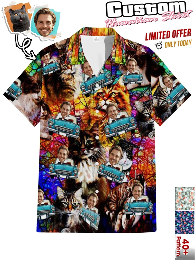 

Custom Photo Beach Man Shirts Personalized Face Pet Guitar Classic Car Print Button Down Short Sleeve Vacation Apparel Camisas
