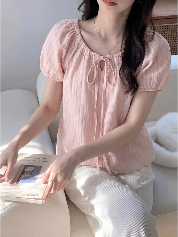 

Summer 2026 Women's Slimming Unique Bubble Sleeve Square Collar Floral Bow Tie Top Sweet Style Pink Color Loose Fit Shirt