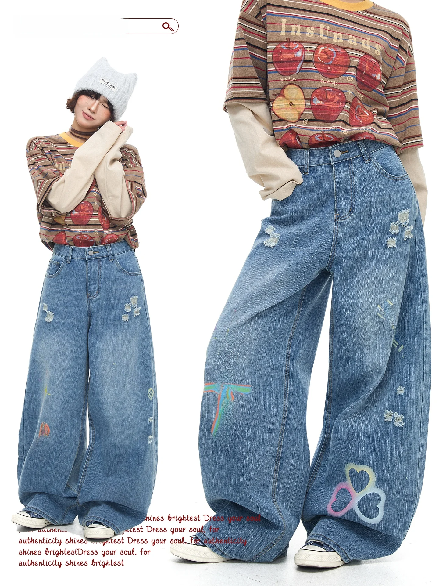 

Loose Women's Jeans fiti Print Hole American Retro Streetwear Wide Leg Long Trousers Casual l Waist Denim Pants