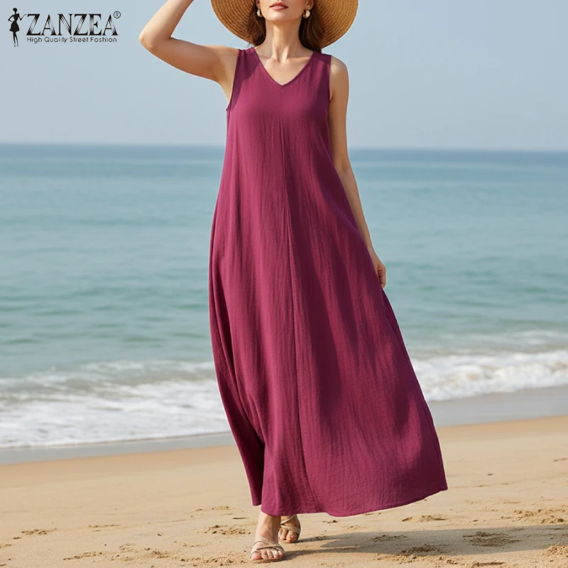 

Женские хлопковые платья без рукавов ZANZEA больших размеров, повседневные однотонные платья А-силуэта с V-образным вырезом, летние свободные пляжные платья, размер 5XL