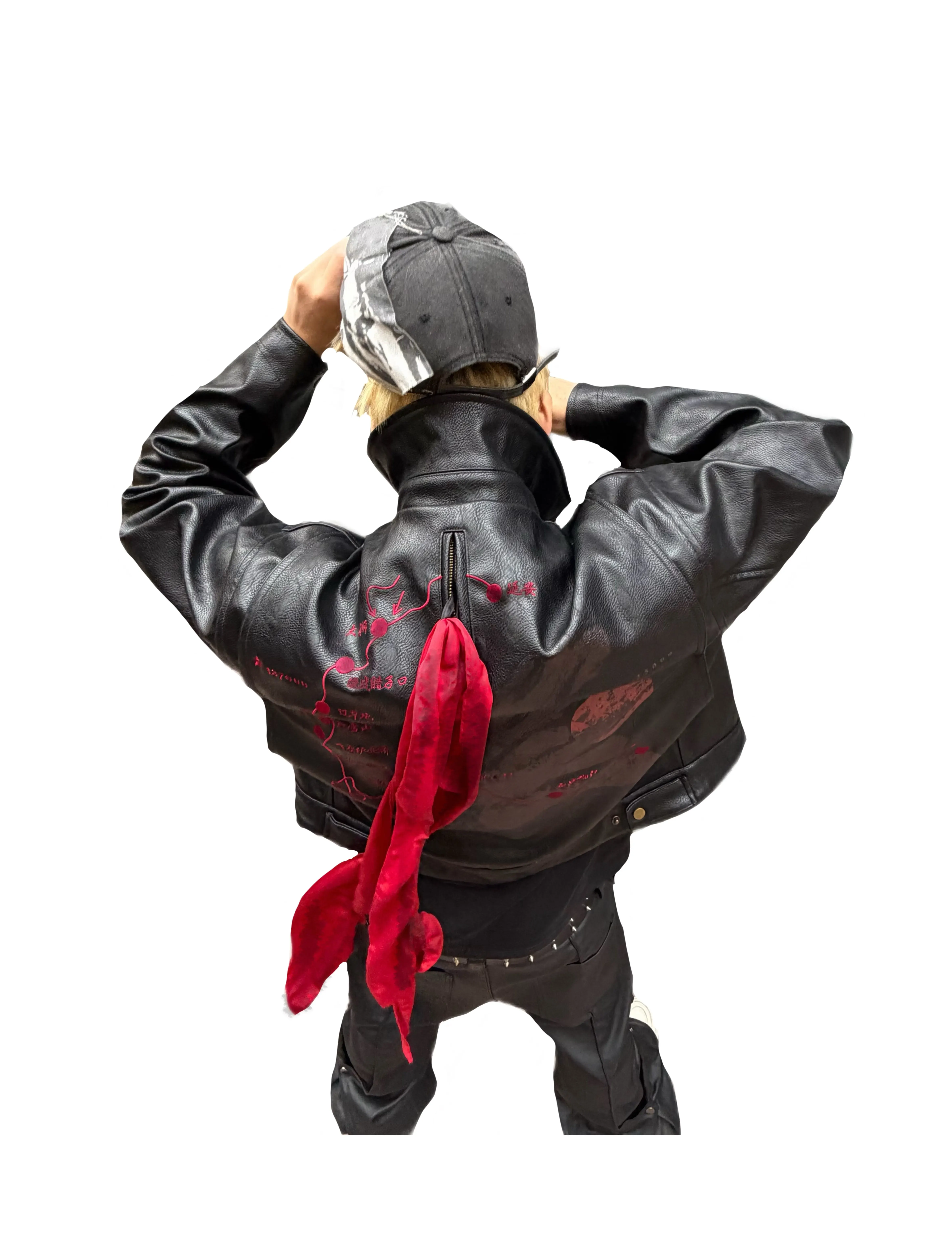 Mauroicardi Spring Autumn Short Black Printed Embroidered Pu Leather Jacket Men with Detachable Red Ribbon Zipper Cool Clothes 21 Sc3e04982b444439f8b29f12a0e438eear