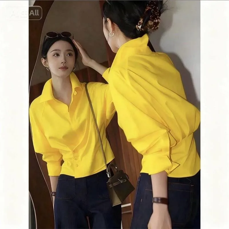 

French Style White Shirt Waist-Cinching Trendy Age-Defying Long Sleeve Button-Up Casual Wear for Young Women Commute Suitable