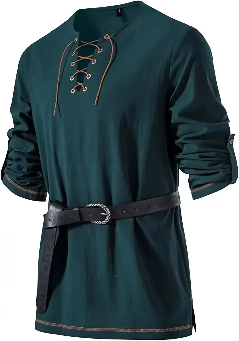 Mittelalterliches Schnürhemd für Herren mit Gürtel, langärmelig, Vintage-Piraten-Wikinger-Oberteil, Halloween-Cosplay-Kostüm, lässige Bluse – Detail 24