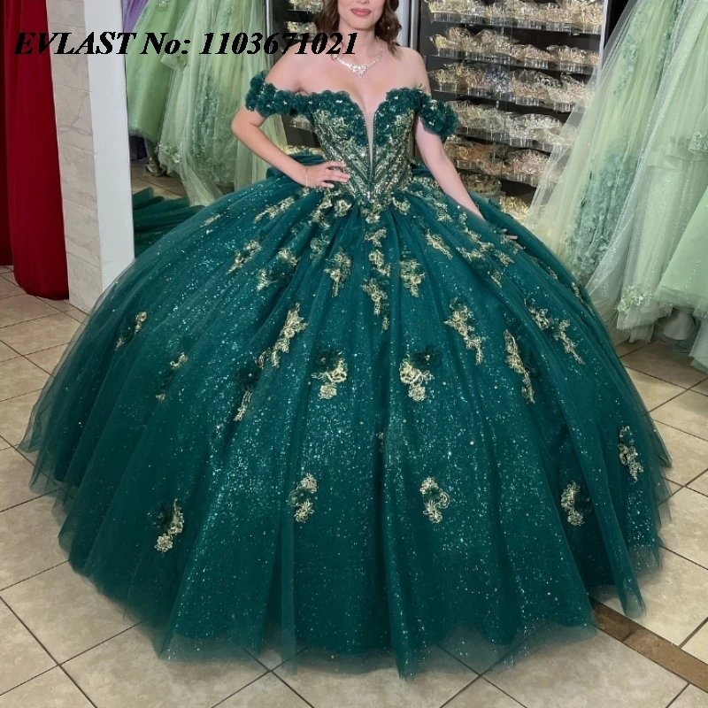 EVLAST индивидуальное черновато-зеленое платье Quinceanera, бальное платье, золотое кружевное платье с аппликацией и бисером, Sweet 16, Vestidos De 15 Anos SQ608