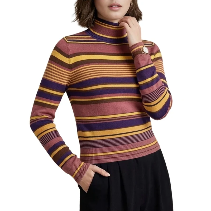Women's Sweater Striped Color Block Turtleneck Slim Fit Knitted Casual Fashion Elegant Trendy Stylish