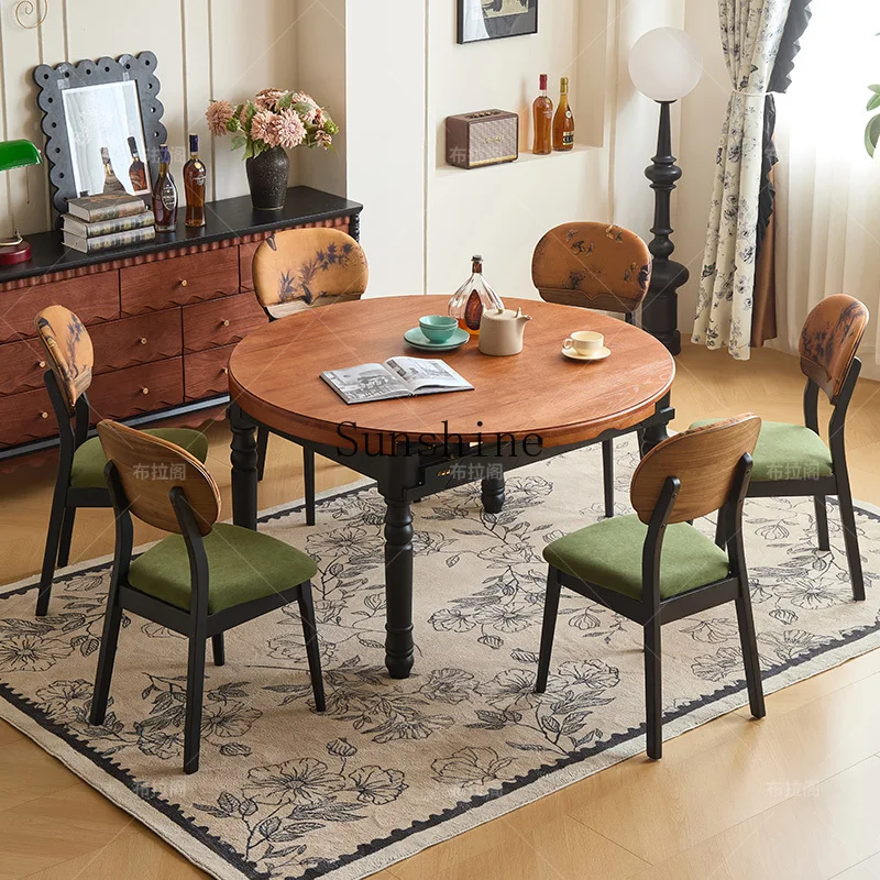 

French retro solid wood, dining table and chair combination, living room small apartment household rectangle