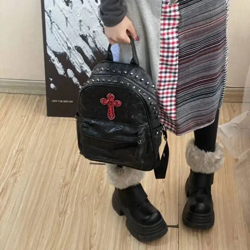 Streetwear Vintage Punk Cross Skull Backpack Y2k Aesthetic Haruku Gothic Handbags Women Casual Retro Rivet Students Backpacks
