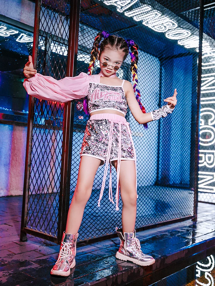 ZZL disfraz de Hip-hop para niña, ropa de baile urbano con lentejuelas rosas, estilo Dace, ropa de calle brillante para adolescentes, ropa fresca