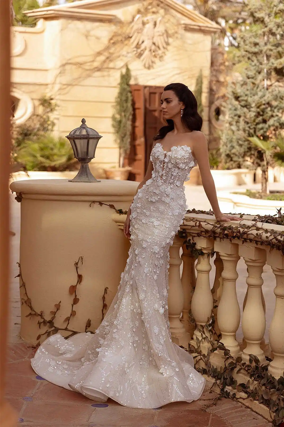 3D Lace Mermaid Gown Wedding Dresses Appliques Flowers Floor Length Bridal Gowns Big Size Vestidos De Novia Colour Customized
