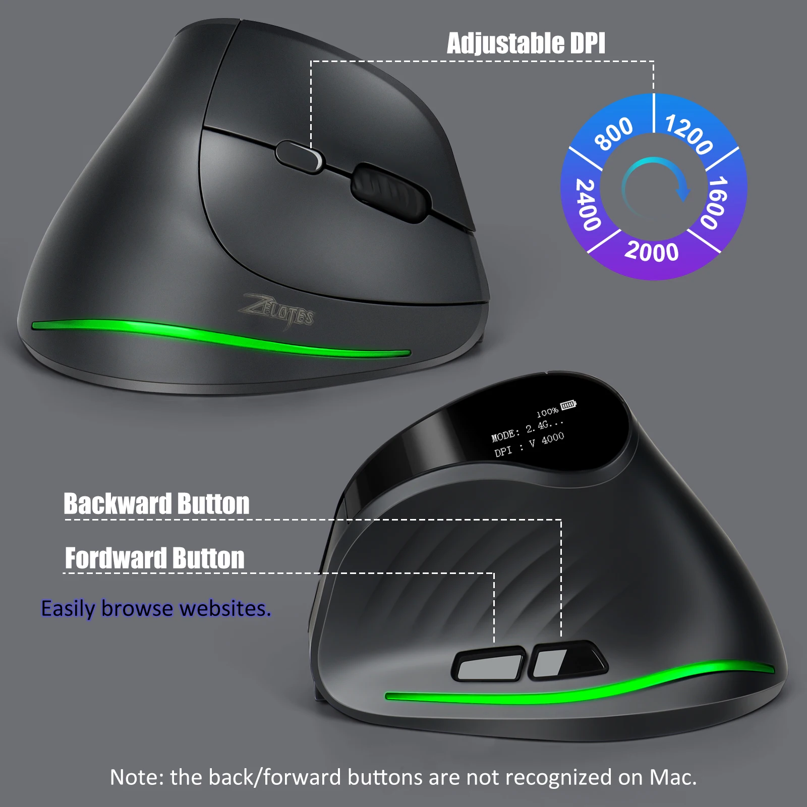 Imagem -06 - Mouse Vertical sem Fio Mouse Ergonômico Bluetooth Botões com Ratos de Jogos Programáveis Oled para pc e Laptop 4000dpi Lefon-f35c