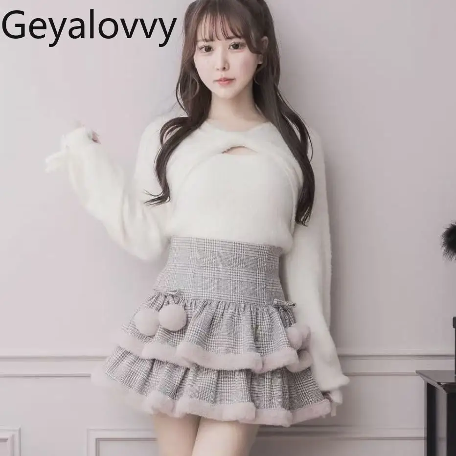 اليابانية الحلو لطيف نمط الفتيات تنوعا Bowknot بلوزة وقميص قصير محبوك رقيق كم طويل تانك القمم قطعتين مجموعة #2