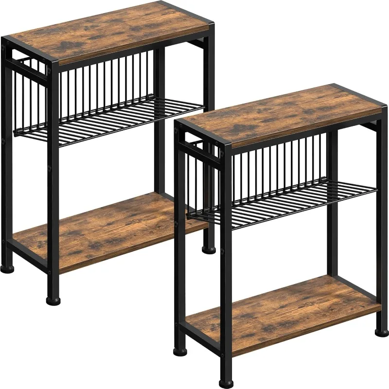 

Small Side Table Set of 2 for Small Space, 3-Tier Narrow End Table with Magazine Holder, Slim Nightstand, Skinny Snack Couch