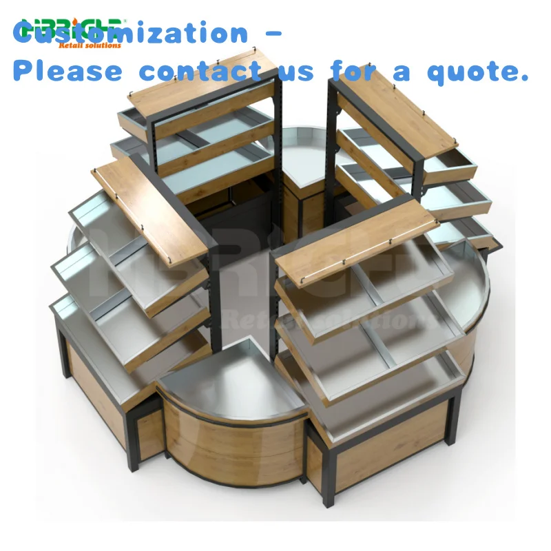 custom.Large Capacity Wooden Supermarket Grocery Store Stainless Steel Countertop Fruit and Vegetable Display Rack