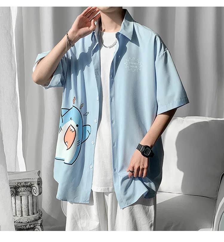 2025 Summer Men's Cartoon Print White Thin Short Sleeve Shirt Japanese Style Loose Casual Black Blue Plus Size Half Sleeve Shirt