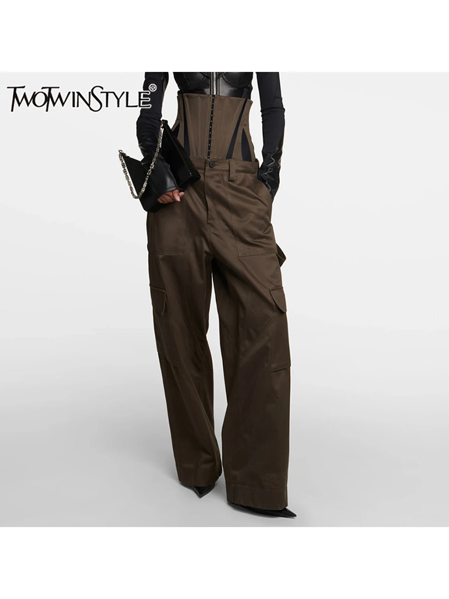 TWOTWINSTYLE Hit Color Spliced Pockets Pants For Women High Waist Temperament Loose Chic Designer Wide Leg Pant Female Fashion