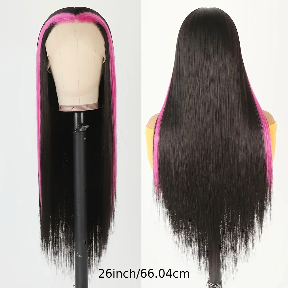 Long Straight Synthetic Lace Front Wigs Glueless Rose Red Highlights Black Color Hair Wigs 13x4 Free Part Skunk Stripe Party Wig image 5