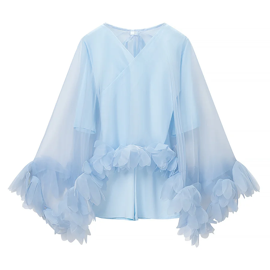 2026 Summer Women's Vintage Chic French Romantic Sheer Loose Shirts Tops Lady Elegant Street Floral Petal Trim Blouse Outfits