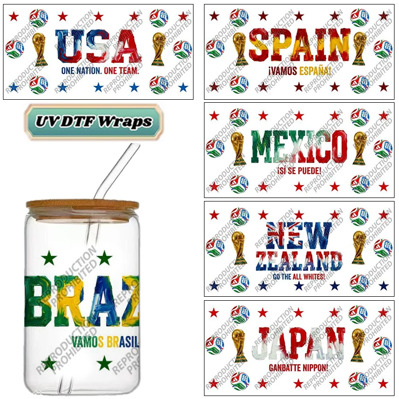Soccer Fan UV DTF Wraps, Country Team Color & Trophy Style Stickers for 16oz Glass Cans, Waterproof DIY Transfer Decals