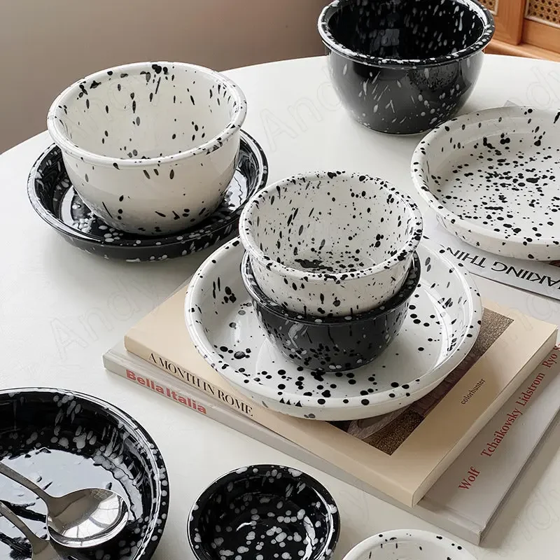 Modern Ceramic Plate Set Creative Splashing Ink Decor Breakfast Bread Plates Afternoon Tea Desktop Dessert Dish Kitchen Cutlery