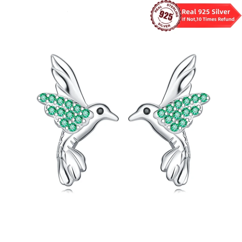 Real 100% 925 Sterling Silver earring inlay Green Zircon Bird Stud Earrings for Women Evening Party Cute Fine Jewelry Gifts