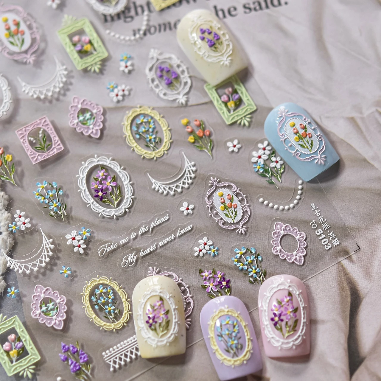 Marco de flores Vintage elegante, ramo de flores, lavanda, Margarita, tulipán, borlas, estilo europeo, pegatinas delicadas para decoración de uñas, calcomanías para manicura