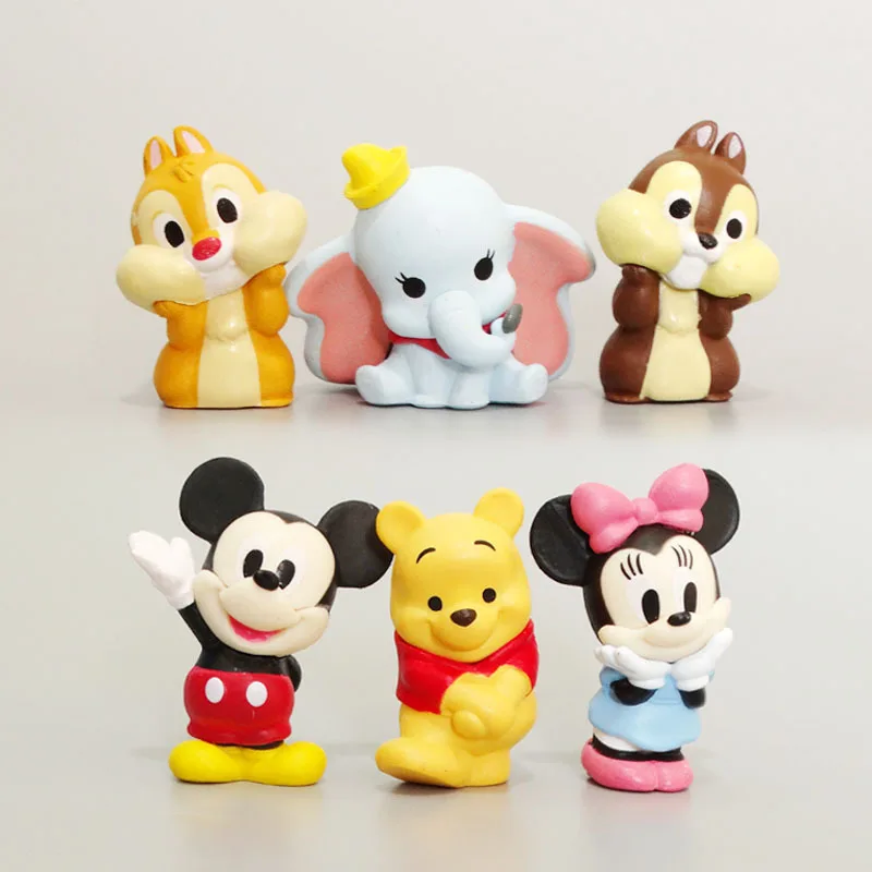 6pcs/set Disney Mickey Mouse Minnie Mini Action Figure Pooh Bear Dumbo Kawaii Cartoon Fashion Ornament Model Charm Toy Kids Gift