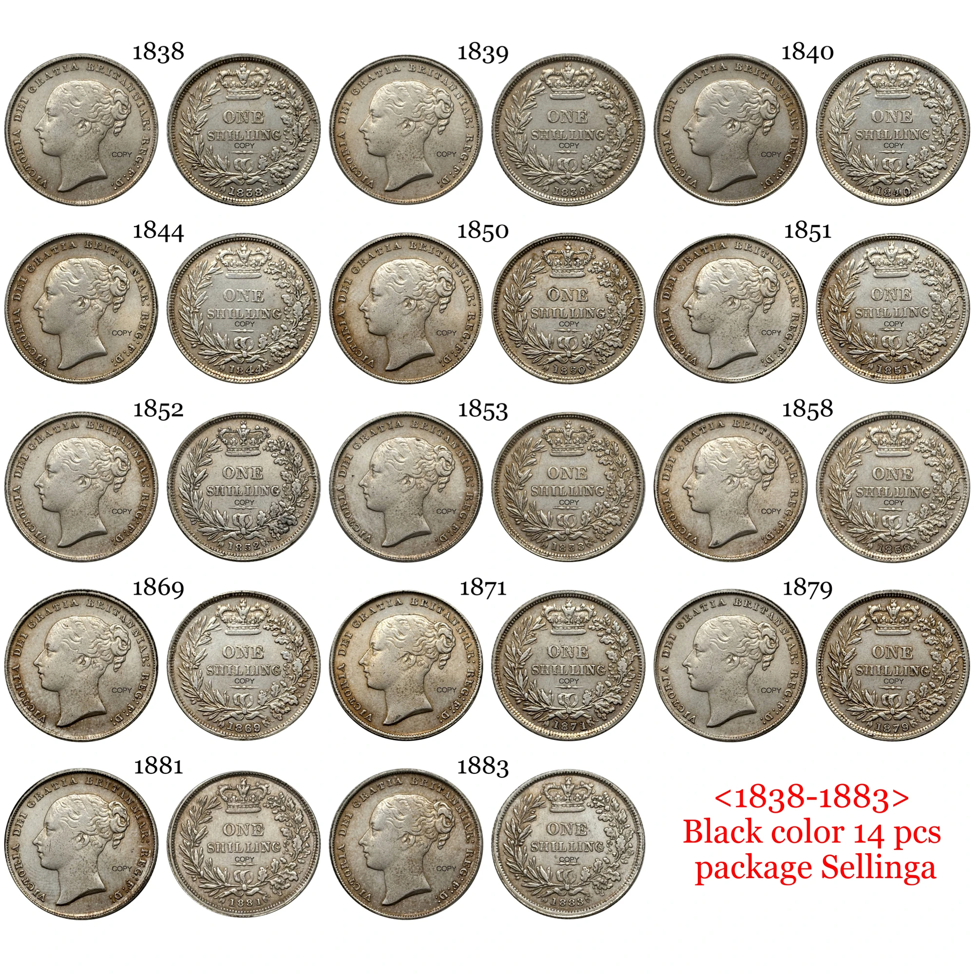 المملكة المتحدة 1838 - 1883 14 قطعة بيع 1 قطعة شيلينغ فيكتوريا البريطانية الفضة مطلي نسخة عملة Ww2 Moneda عملات قابلة للجمع #3