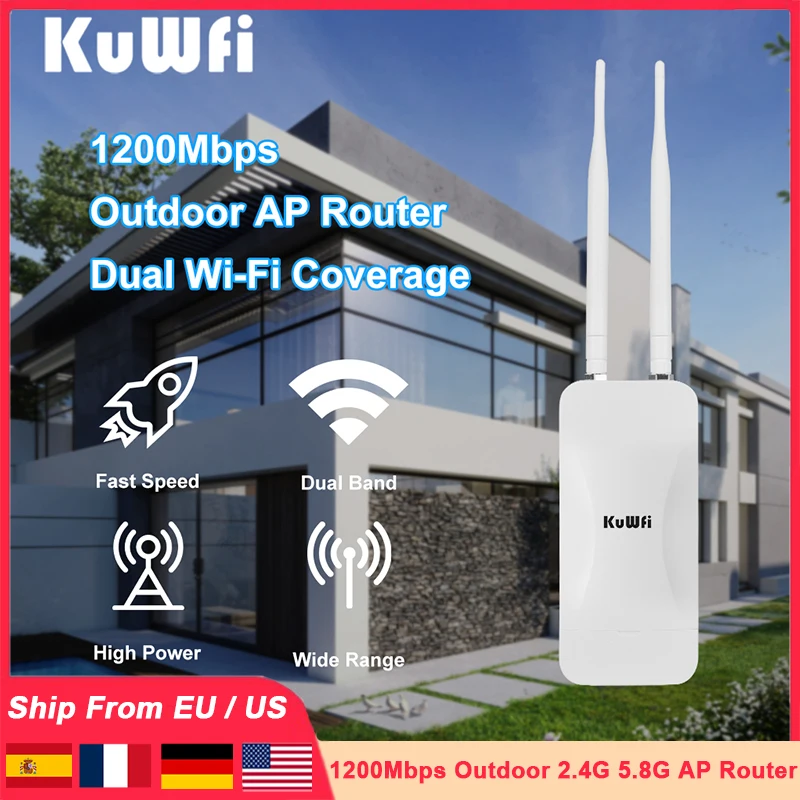 KuWFi 1200Mbps Outdoor AP Router 2.4G 5.8G Dual Frequency WiFi Signal Detachable Antenna Support 24V POE WAN LAIN P65 Waterproof