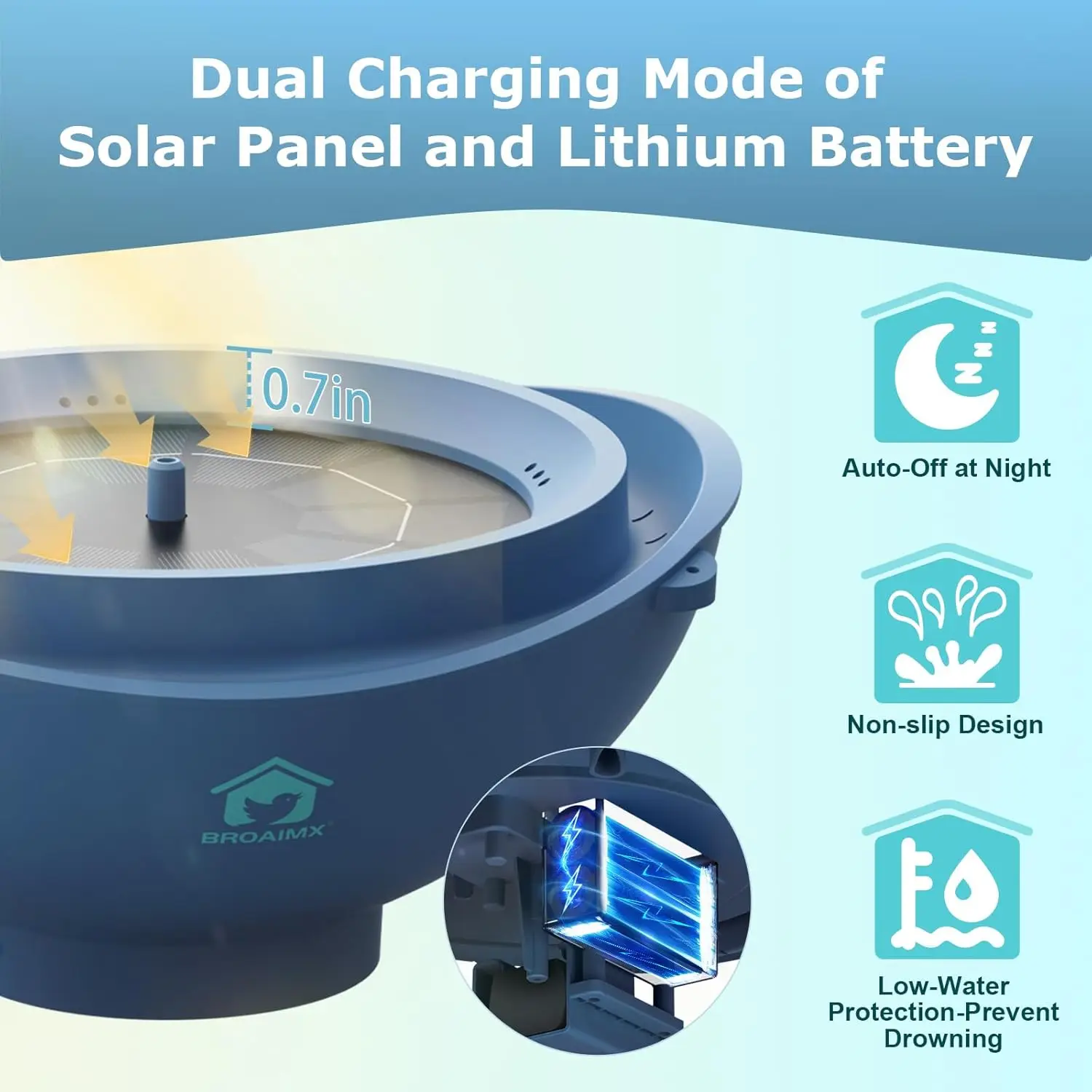 نافورة حمام الطيور الشمسية مع 3 فوهات، حماية تلقائية منخفضة للمياه، أزرق عميق - هدية حديقة لمحبي الطيور