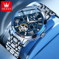 OLEVS NEW Men's Watches Automatic Mechanical Skeleton Hollow out Stainless Steel Original Wristwatch for Men Moon Phase Display