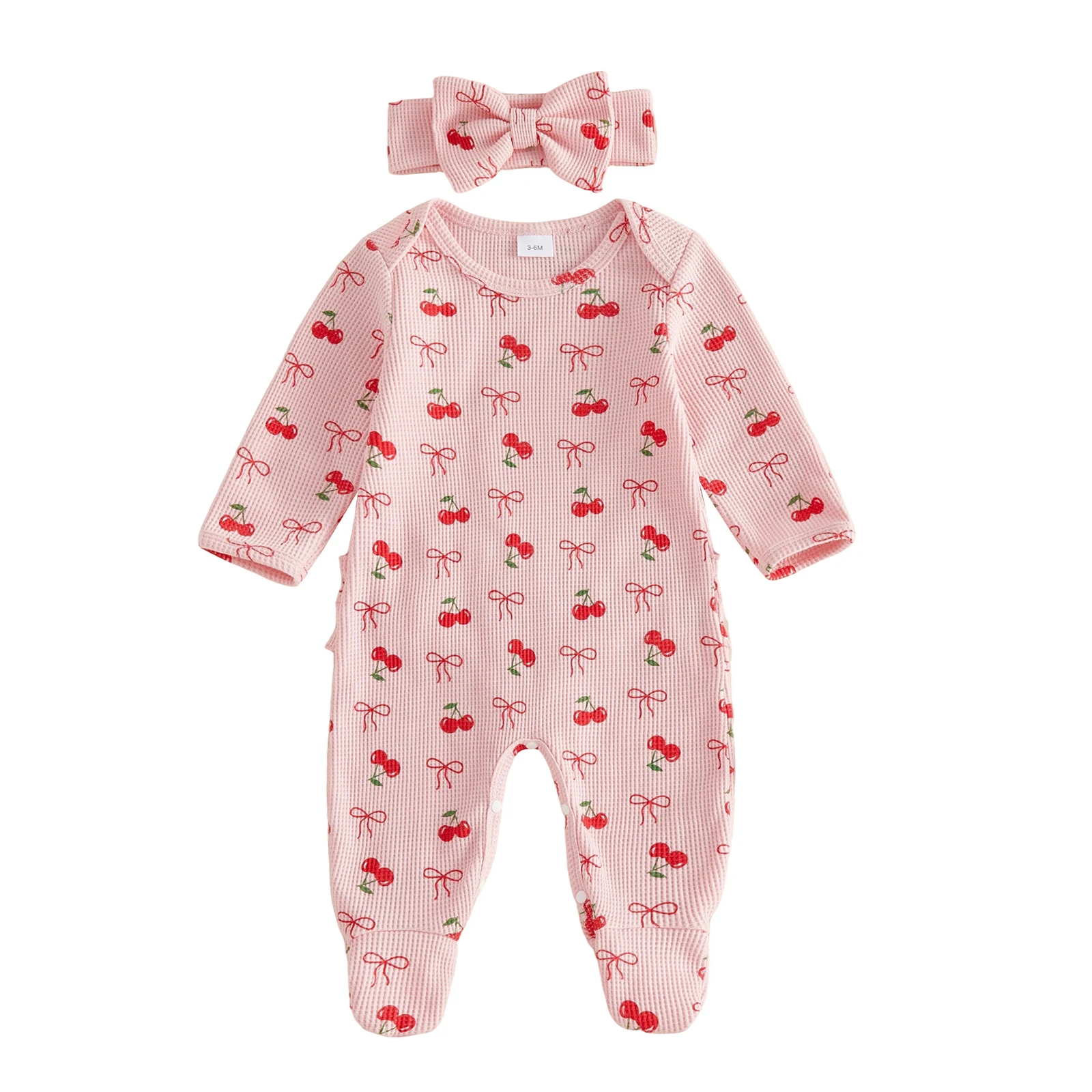 Baby Girls Footies Fall Romper Cherry Bowknot Print Waffle Crew Neck Long Sleeve Infant Bodysuits Jumpsuits with Headband