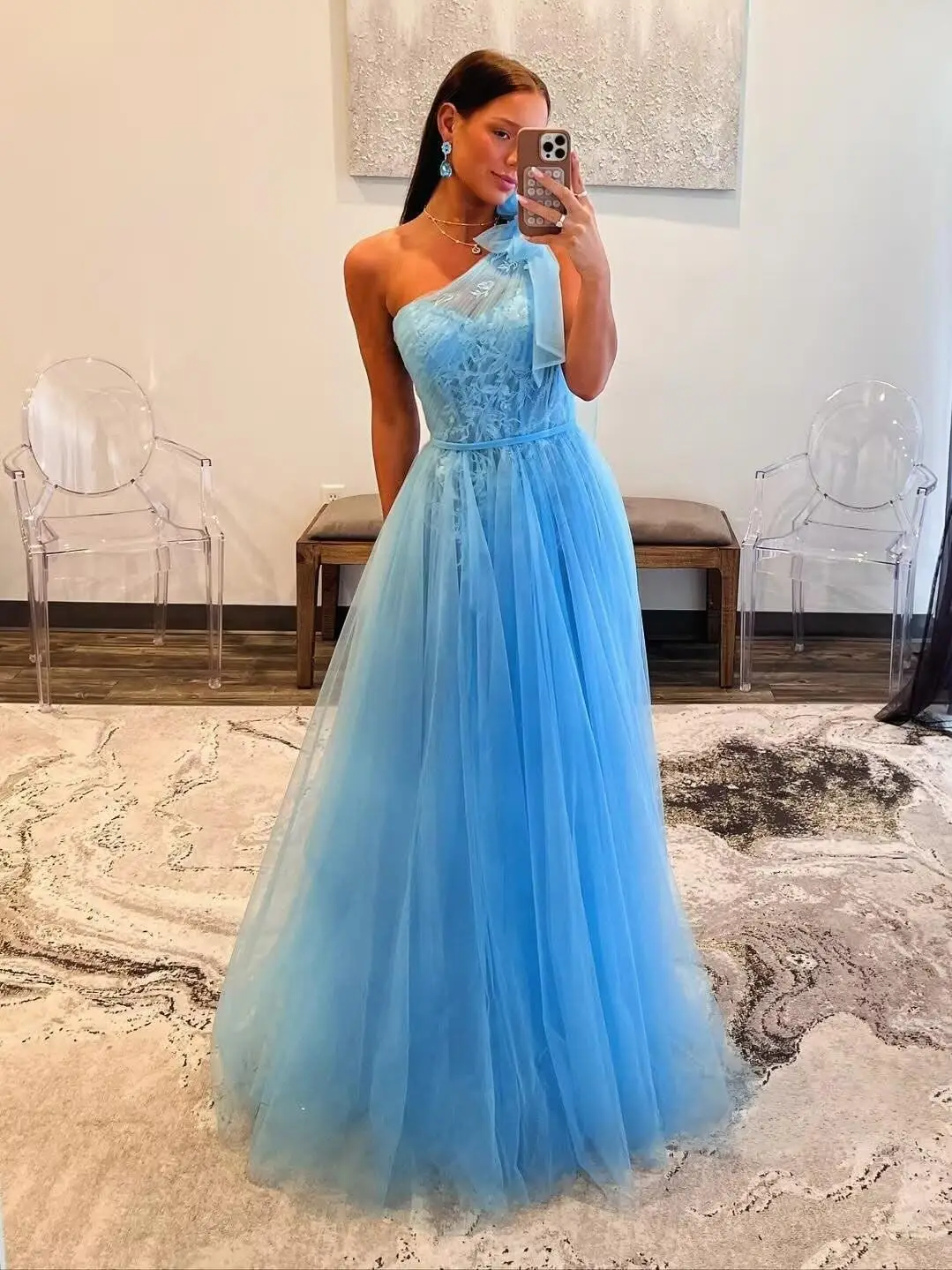 

Lace Tulle Prom Dress for Women One Shoulder Formal Cocktail Gown with Bow