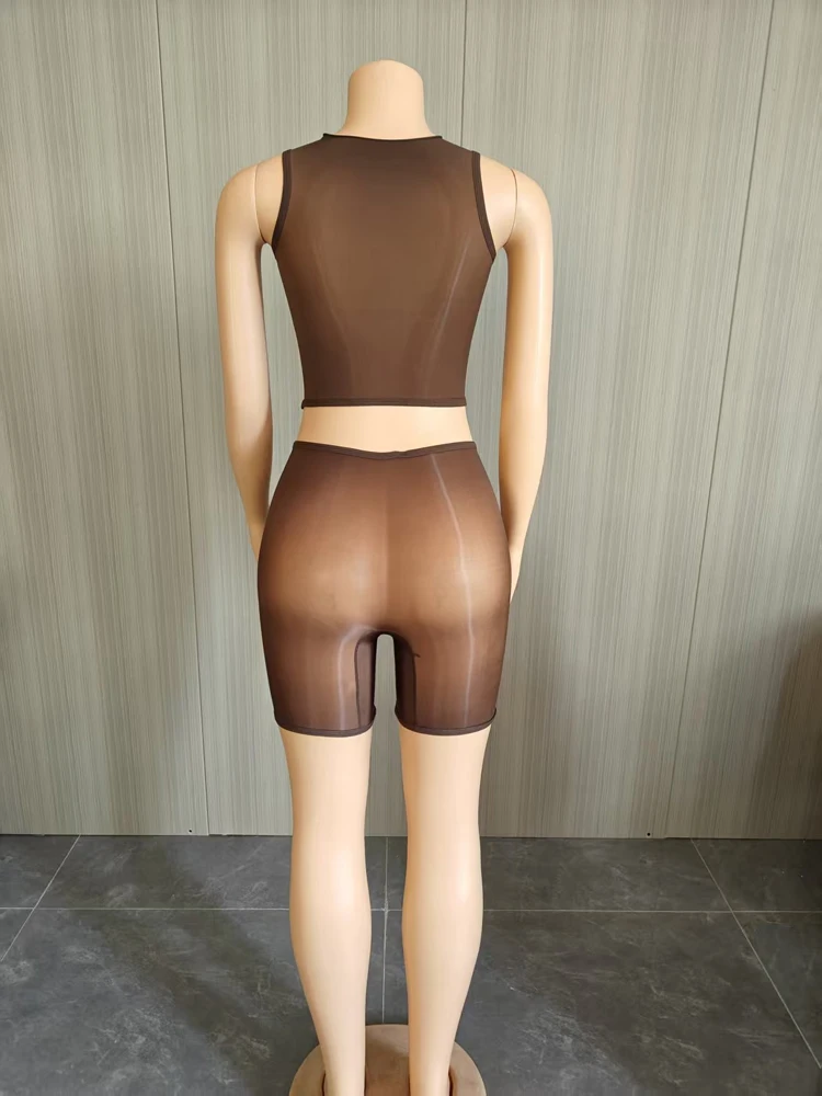 Damen 2-teiliges Mesh-Outfit, ärmelloses, durchsichtiges Crop-Top + Shorts-Set, sexy, durchsichtige, ärmellose, figurbetonte Clubwear, passende Sets – Detail 5