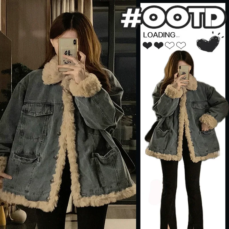 

Winter Coral Velvet Denim Jacket Women Long Sleeve Loose Casual Outwear Thickened Warm Overcoat Harajuku Streetwear Female Coat