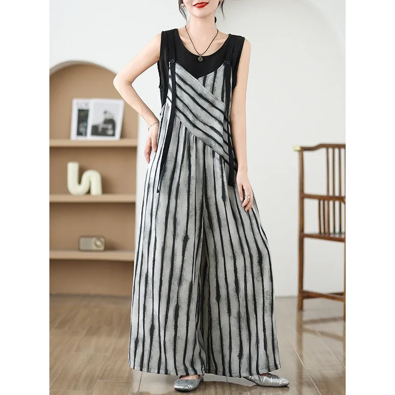 French Style Striped Design Women's Wide Leg Pants Summer Halter Onesie Skirt High Waist Other Material Casual Pants