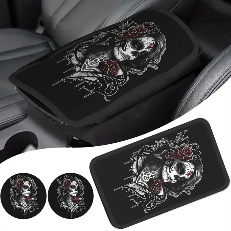 1Pc Car Armrest Cover + 2Pcs Cup Coasters, Universal Day Of The Dead Sugar Skull Girl Print, For Car Interior Decor