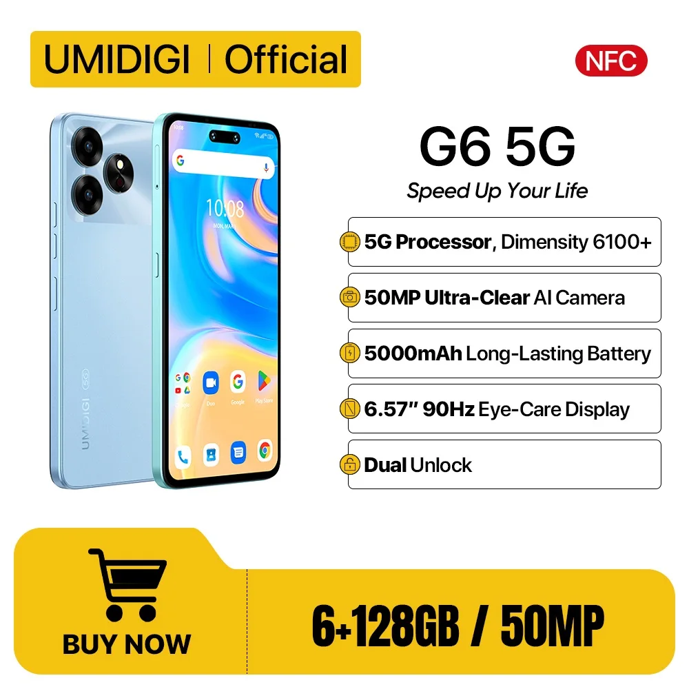 UMIDIGI G6 5G Смартфони 5G Android 13 Dimensity 6100+ NFC 50MP Doppia fotocamera per la cura degli occhi ultra chiara 6+6GB 128GB 6,57" 90Hz Grande