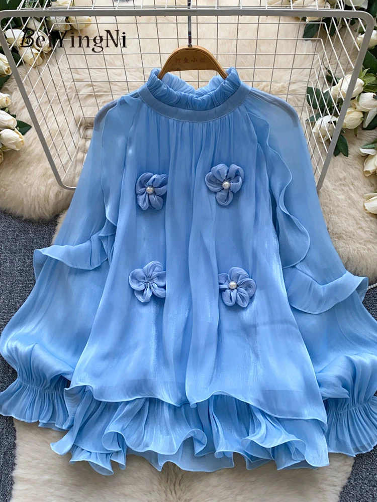 Beiyingni Autumn French Romance Tops Women Solid Color 3D Flowers Ruffles Woman's Blouses Versatile Loose Elegant Luxury Shirt