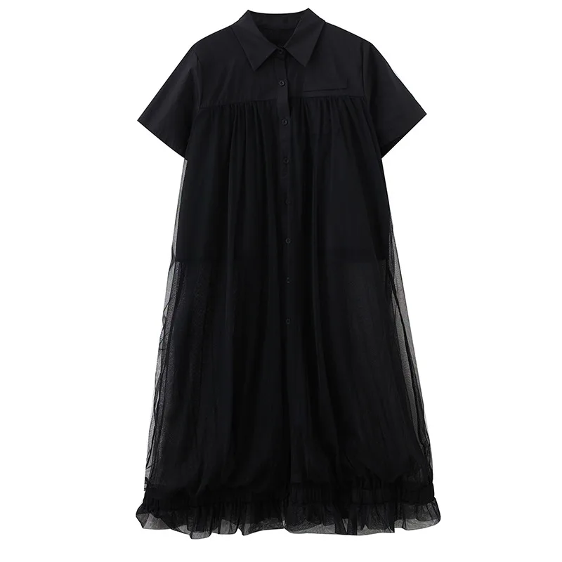 Small niche design, fashionable mesh patchwork shirt skirt, dark style Yamamoto style loose casual dress