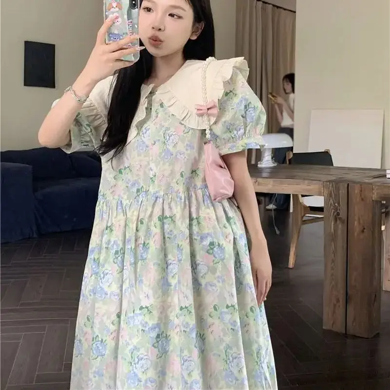 

Floral Midi Dress Doll Collar Flowers Lace Puff Sleeves Japanese Chic Mori Girl Women Summer Elegant Sweet Baggy Dress Female