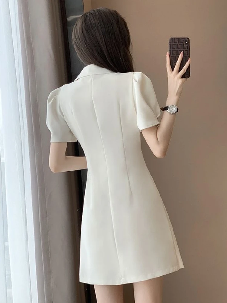 เกาหลีแฟชั่นผู้หญิงแขนสั้น Solid Sheath Dresses Office Lady ฤดูร้อนปุ่มเดียวปิด A-Line จีบกระโปรง