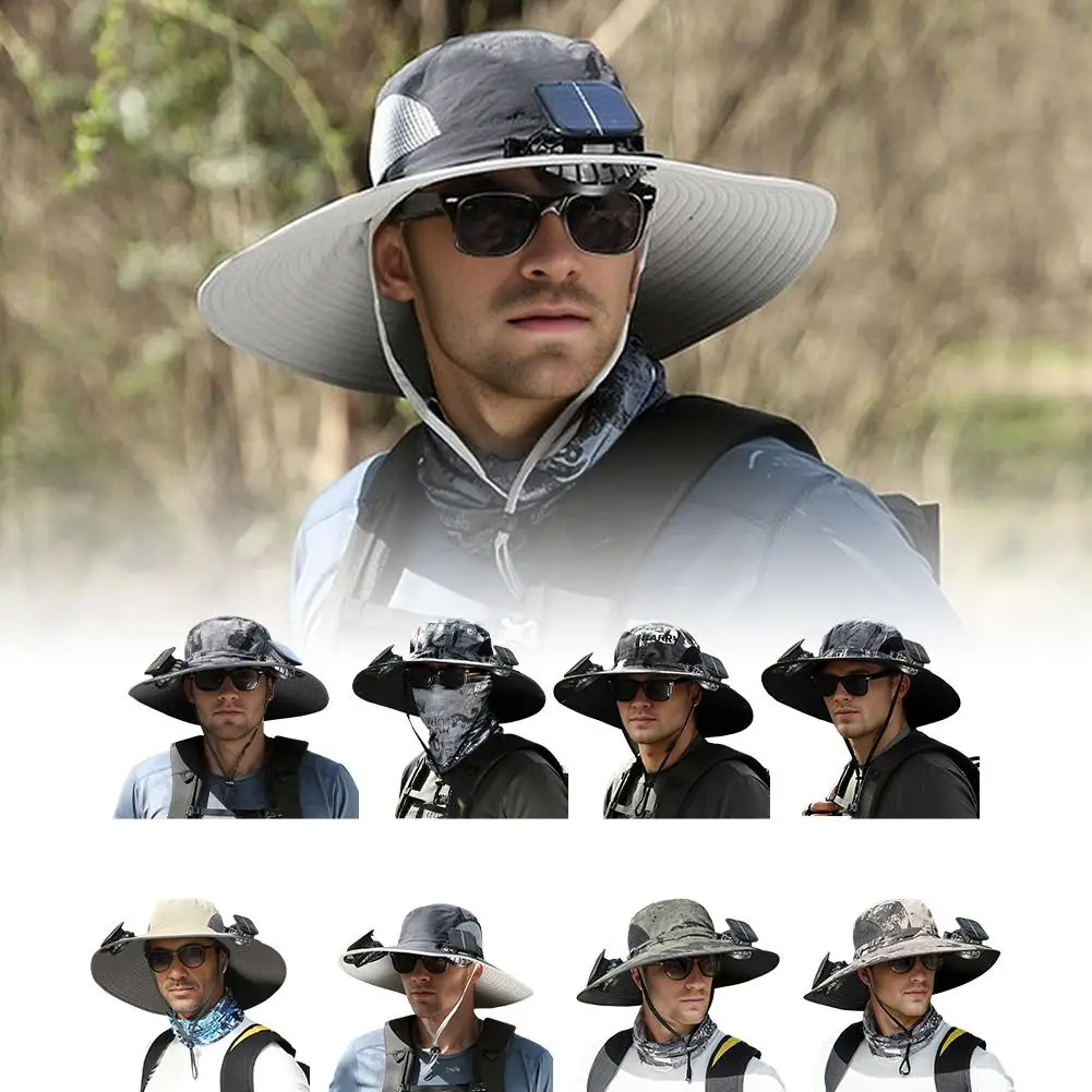 

2024 New Fashion Wide-brimmed Solar Fan Outdoor Fishing Hiking Beach Fishing Hat Reathable Anti Hats Cap Uv Large Brim F0s1